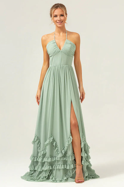 Beaira Dusty Sage A Line Halter Ruched Chiffon Long Bridesmaid Dress with Slit Bridesmaid dress shop ﻿