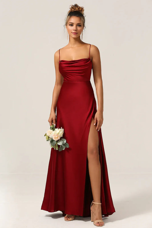 Beaira Burgundy A-Line Spaghetti Straps Floor-Length Satin Bridesmaid Dress Bridesmaid dress shop