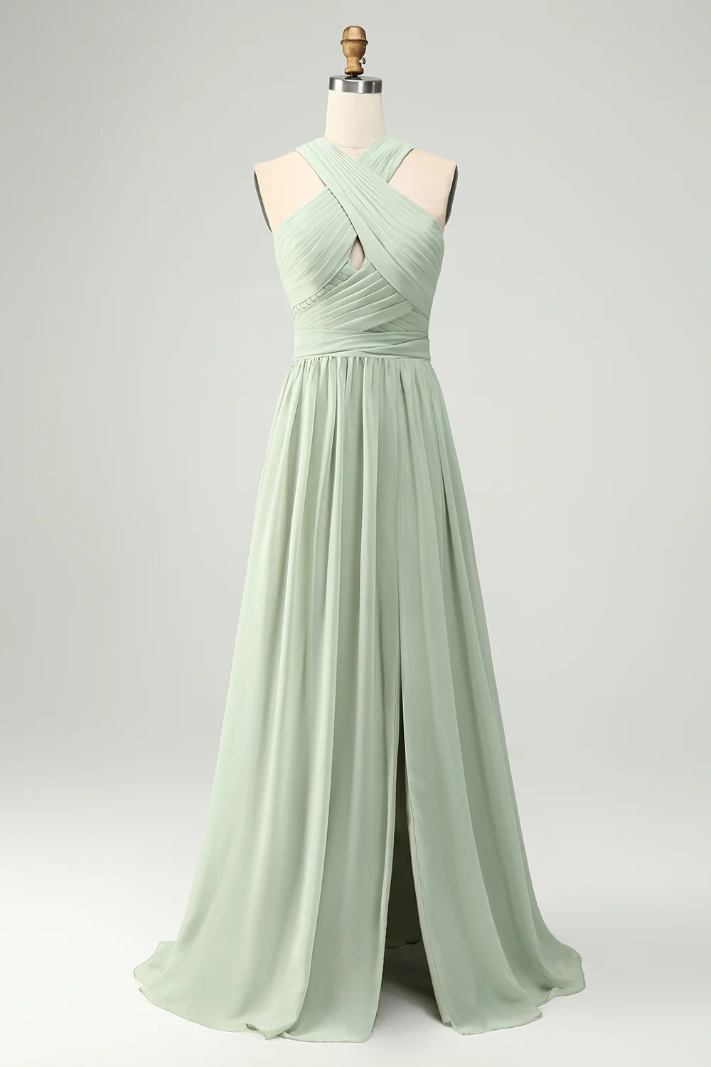 Beaira Dusty Sage A Line Halter Pleated Long Maternity Bridesmaid Dress with Slit Bridesmaid dress shop