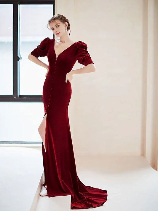 Beaira Burgundy V neck Velvet Long Prom Dress Burgundy Formal Evening Dress Bridesmaid dress shop