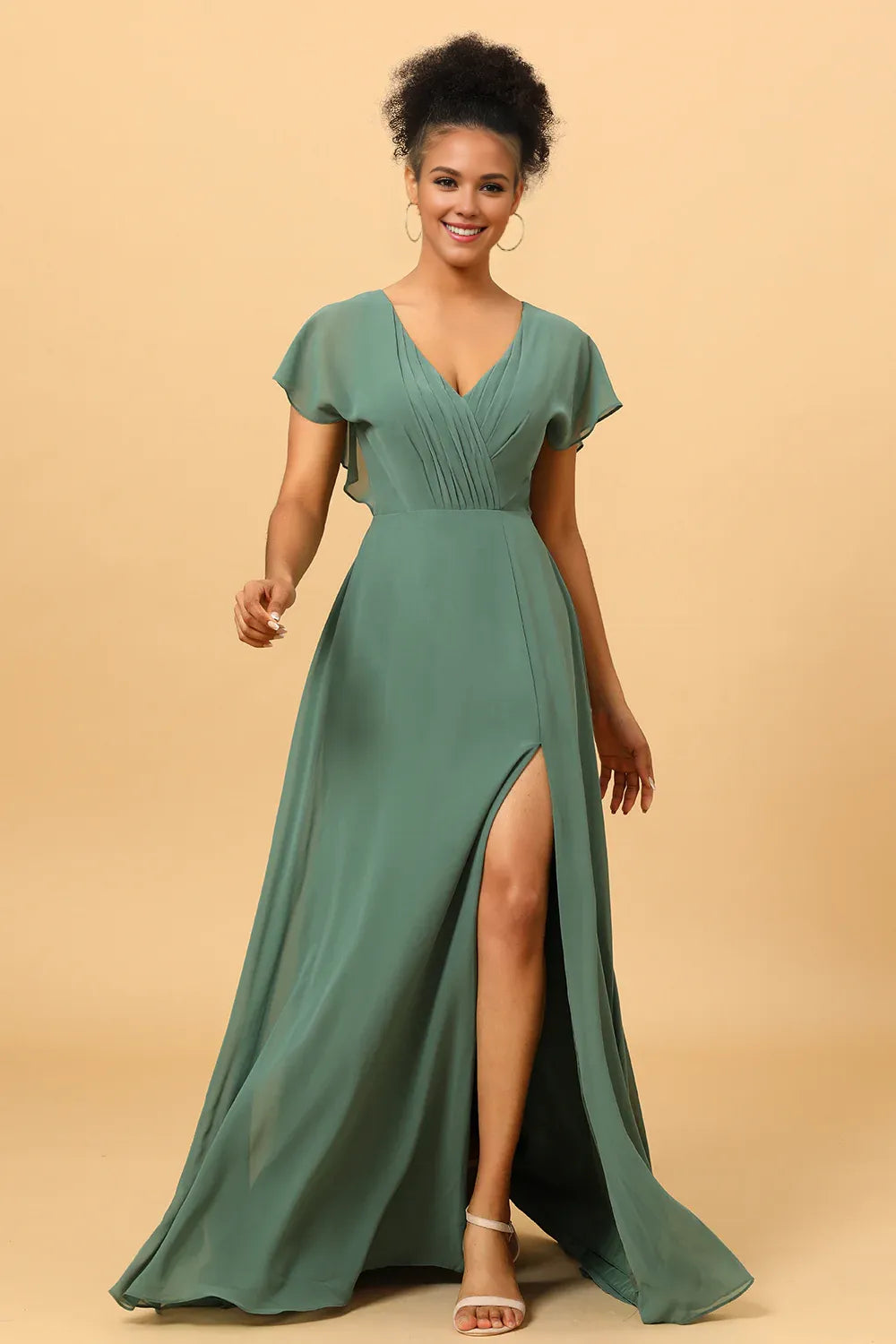 Beaira Eucalyptus A Line V-Neck Ruched Long Chiffon Bridesmaid Dress with Slit Bridesmaid dress shop