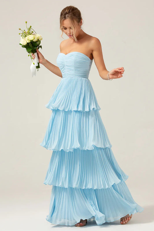 Beaira Sky Blue A-Line Sweetheart Tiered Floor Length Chiffon Bridesmaid Dress Bridesmaid dress shop