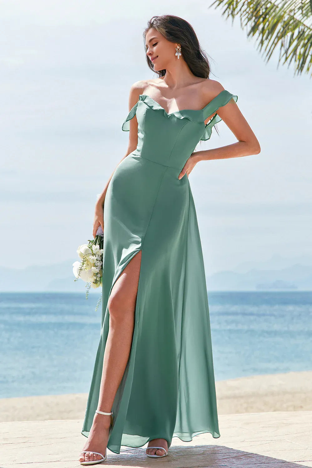 Beaira Eucalyptus A-Line Square Neck Backless Floor Length Bridesmaid Dress with Slit Bridesmaid dress shop