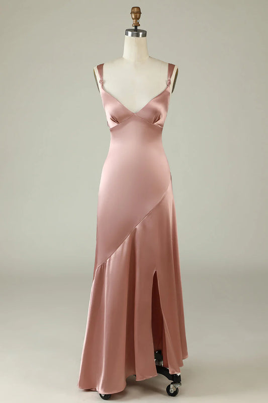 Beaira Blush Asymmetrical Spaghetti Straps Bridesmaid Dress with Slit Bridesmaid dress shop