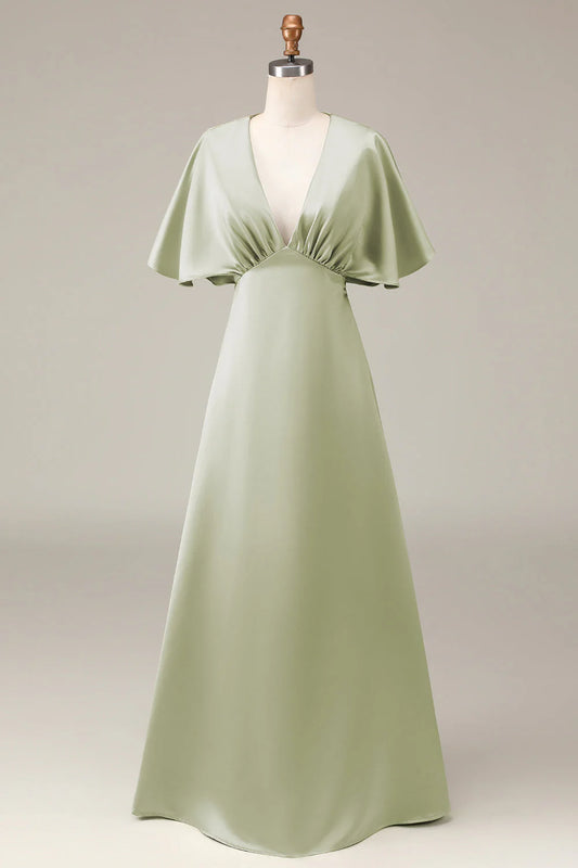 Beaira Dusty Sage A-Line V-Neck Satin Bridesmaid Dress With Short Sleeves Bridesmaid dress shop