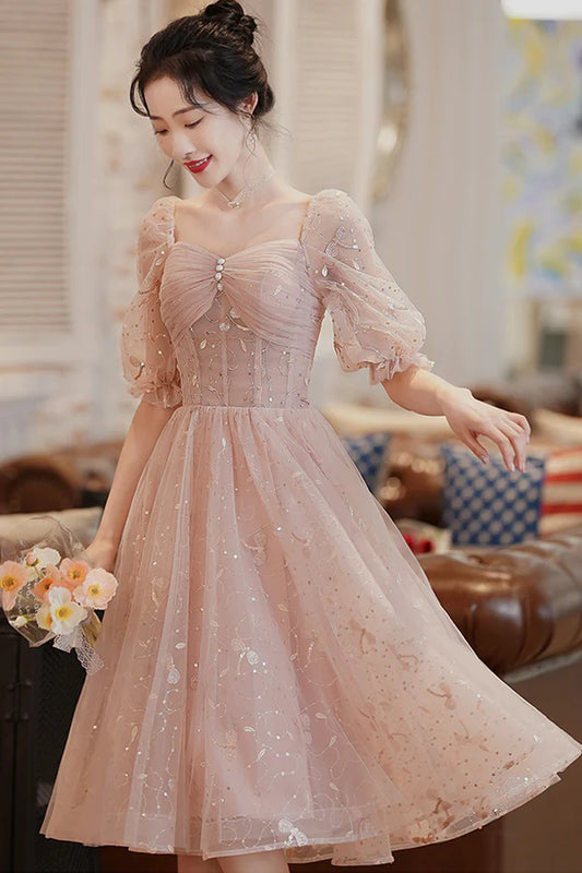 Pink Tulle Short Homecoming Dress Cute Short Sleeve Party Dress