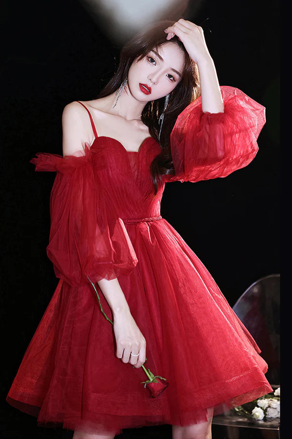 Red Tulle Short Prom Dress A-Line Puff Sleeve Evening Party Dress