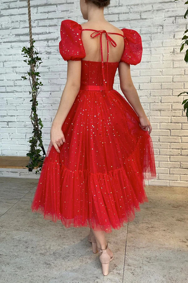 Red Tulle Short A-Line Prom Dress Cute Red Evening Party Dress