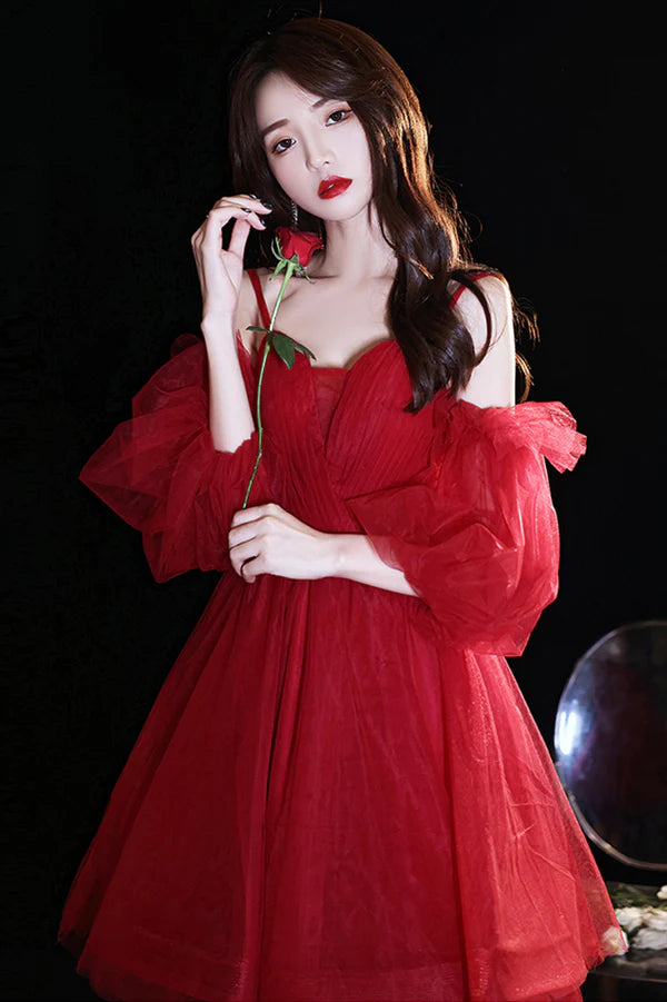 Red Tulle Short Prom Dress A-Line Puff Sleeve Evening Party Dress