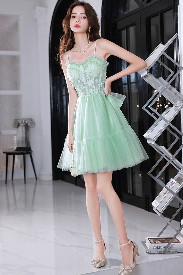 Mint Green Sweetheart Tulle Lace Straps Homecoming Dress Green Prom Dress