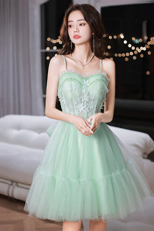 Mint Green Sweetheart Tulle Lace Straps Homecoming Dress Green Prom Dress