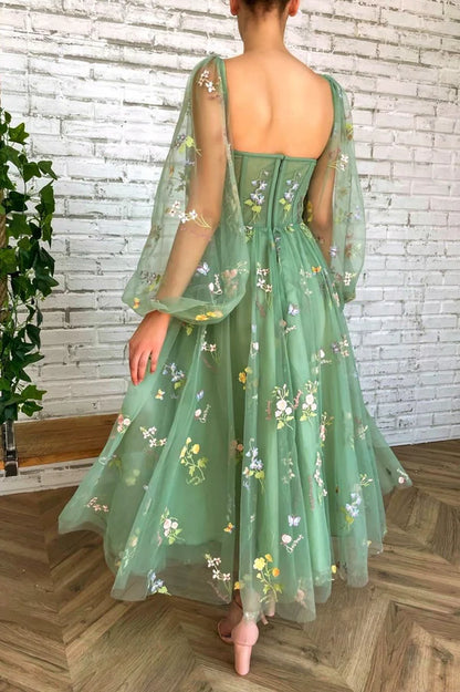 Green Tulle Lace Short Prom Dress Cute Long Sleeve Homecoming Party Dress