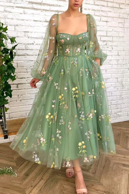 Green Tulle Lace Short Prom Dress Cute Long Sleeve Homecoming Party Dress