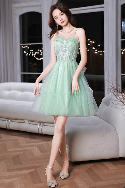 Mint Green Sweetheart Tulle Lace Straps Homecoming Dress Green Prom Dress