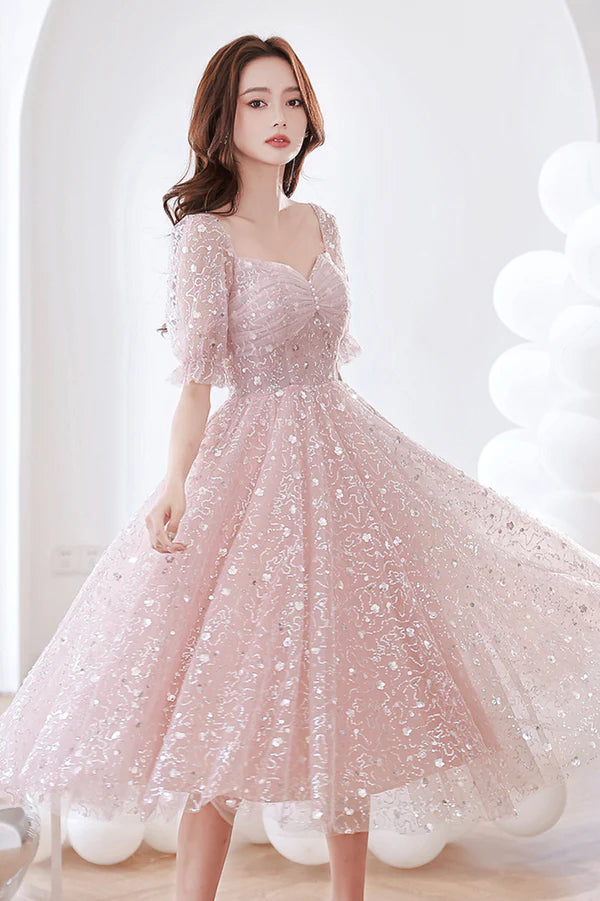 Pink Tulle Sequins Short A-Line Prom Dress Cute Short Sleeve Evening Party Dress