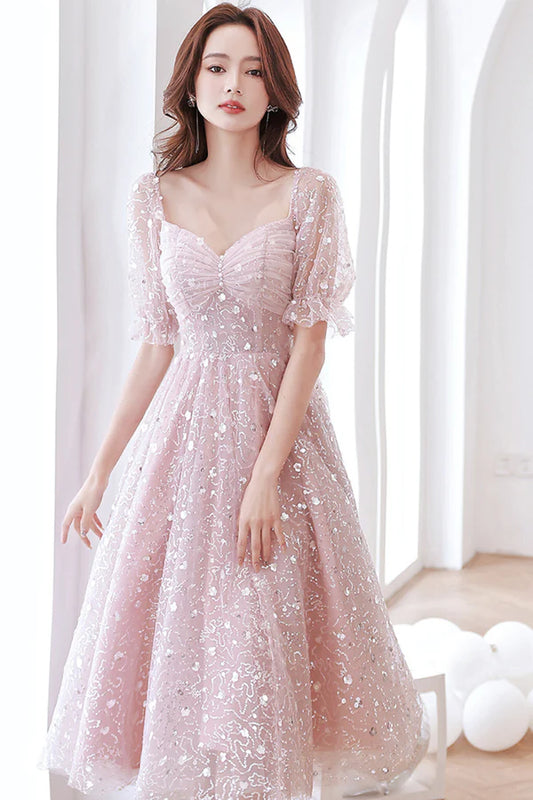 Pink Tulle Sequins Short A-Line Prom Dress Cute Short Sleeve Evening Party Dress