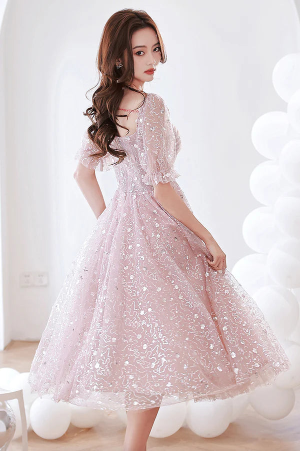 Pink Tulle Sequins Short A-Line Prom Dress Cute Short Sleeve Evening Party Dress