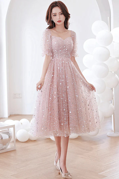 Pink Tulle Sequins Short A-Line Prom Dress Cute Short Sleeve Evening Party Dress