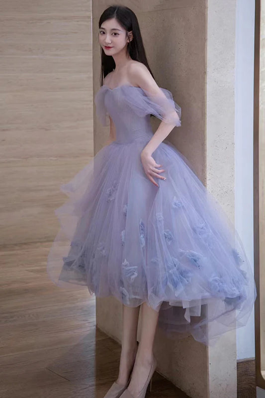 Cute Tulle Short A-Line Prom Dress Purple Off the Shoulder Evening Dress