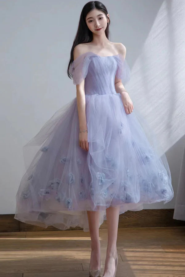 Cute Tulle Short A-Line Prom Dress Purple Off the Shoulder Evening Dress