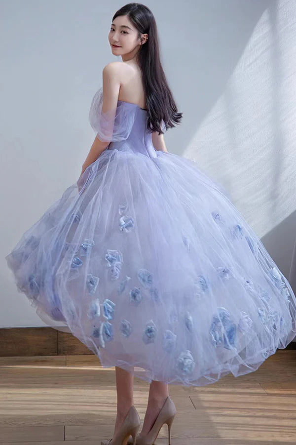 Cute Tulle Short A-Line Prom Dress Purple Off the Shoulder Evening Dress