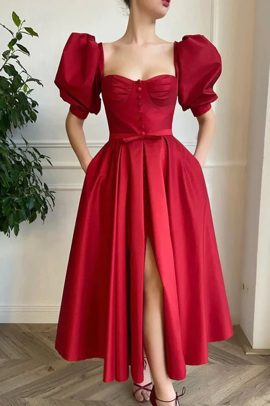 Red Satin Short Prom Dress Cute Short Sleeve Party Dress with Slit