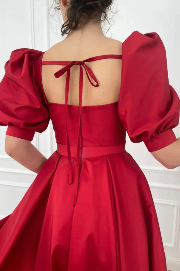 Red Satin Short Prom Dress Cute Short Sleeve Party Dress with Slit