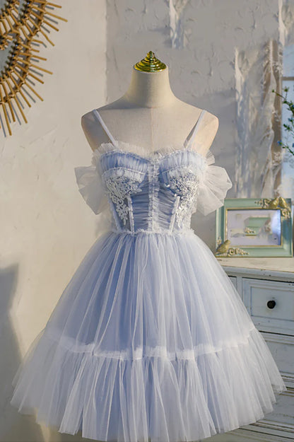 Blue Lace Short A-Line Prom Dress Blue Spaghetti Straps Homecoming Party Dress