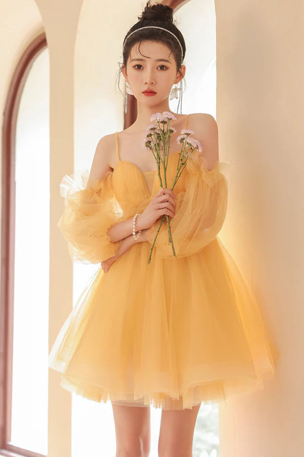 Yellow Tulle Short A-Line Prom Dress Yellow Homecoming Party Dress