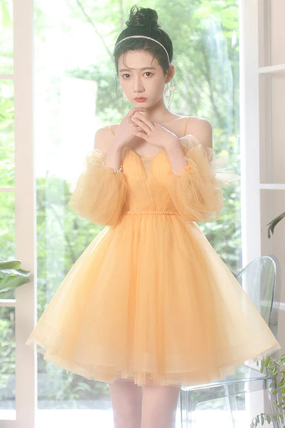 Yellow Tulle Short A-Line Prom Dress Yellow Homecoming Party Dress