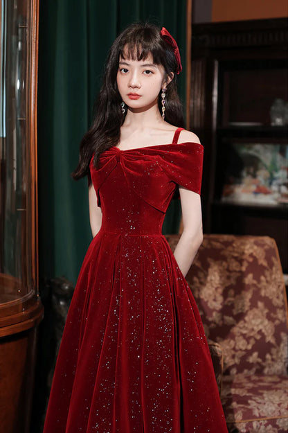 Cute Velvet Short A-Line Prom Dress Burgundy Off the Shoulder Party Dress