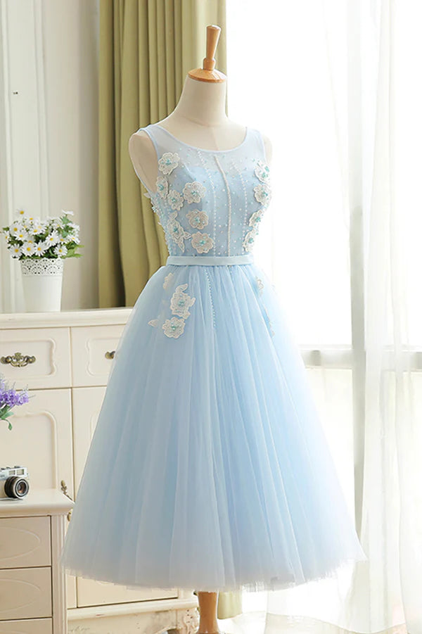 Blue Tulle Lace Short Prom Dress A-Line Homecoming Party Dress