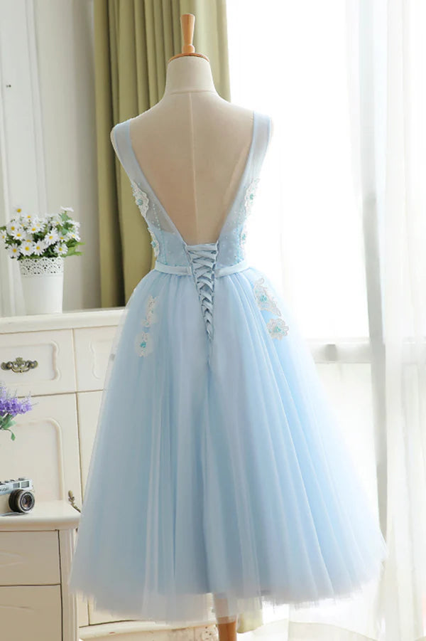 Blue Tulle Lace Short Prom Dress A-Line Homecoming Party Dress