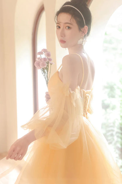 Yellow Tulle Short A-Line Prom Dress Yellow Homecoming Party Dress