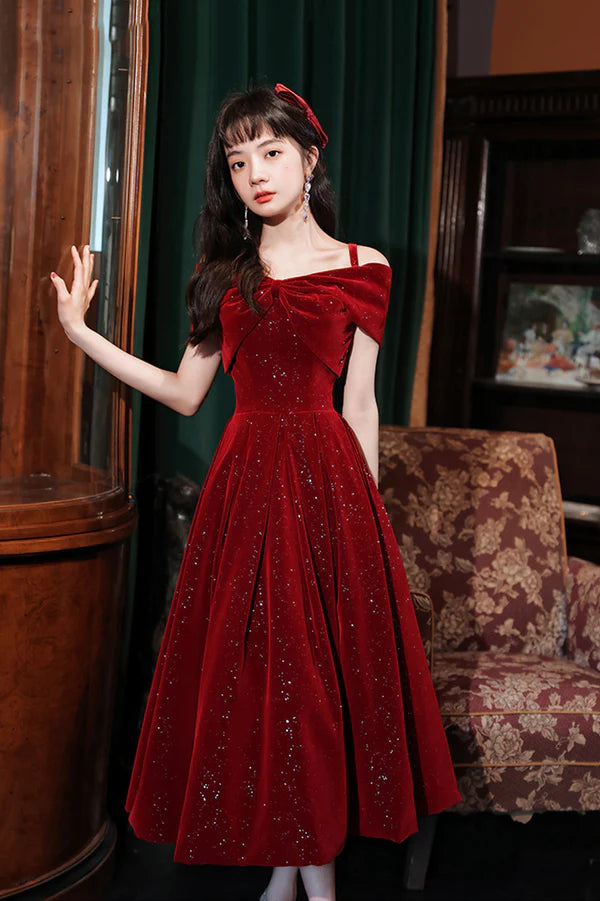 Cute Velvet Short A-Line Prom Dress Burgundy Off the Shoulder Party Dress