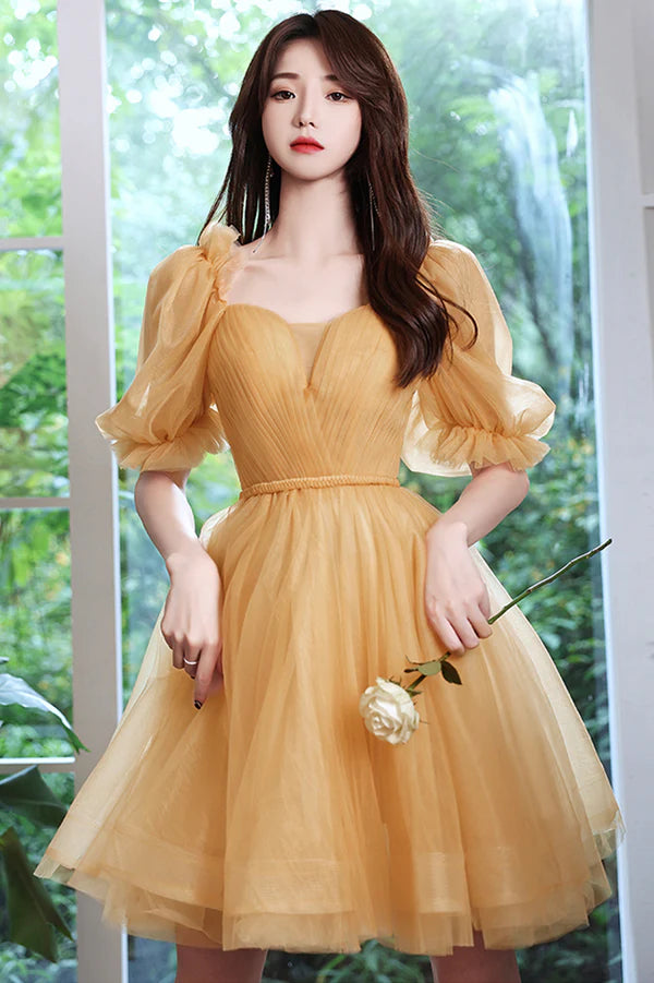 Yellow Short Tulle Party Dress A-Line Off the Shoulder Homecoming Dress