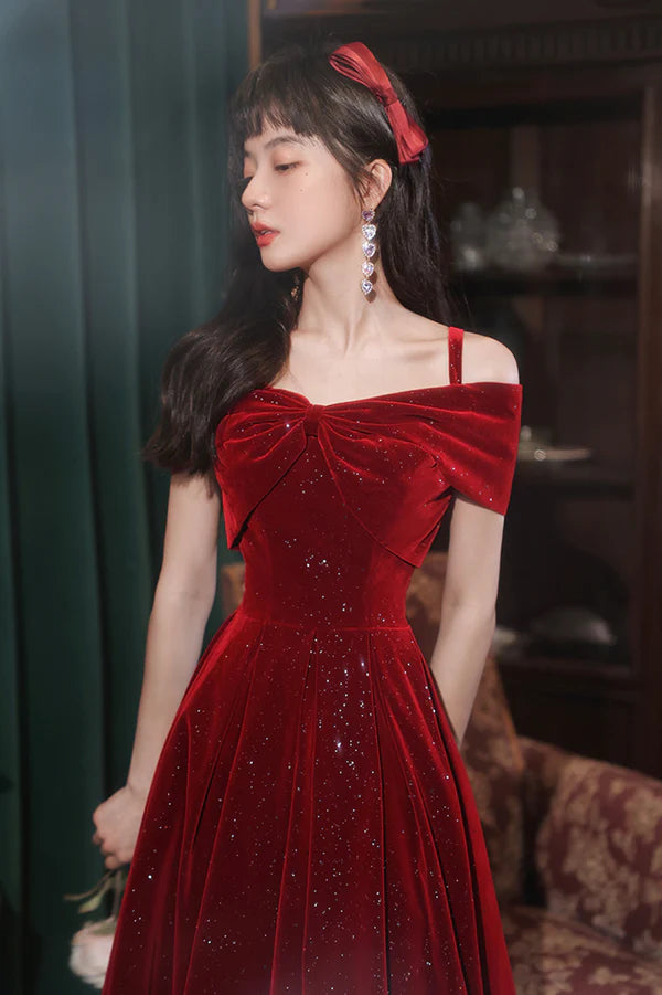 Cute Velvet Short A-Line Prom Dress Burgundy Off the Shoulder Party Dress