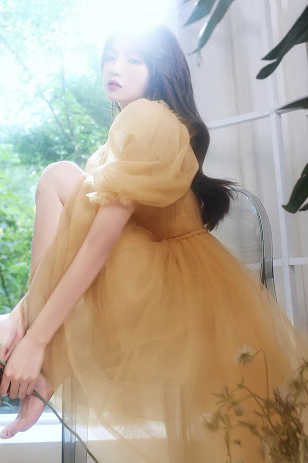 Yellow Short Tulle Party Dress A-Line Off the Shoulder Homecoming Dress