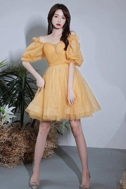 Yellow Short Tulle Party Dress A-Line Off the Shoulder Homecoming Dress