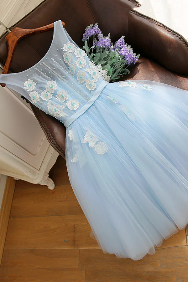 Blue Tulle Lace Short Prom Dress A-Line Homecoming Party Dress