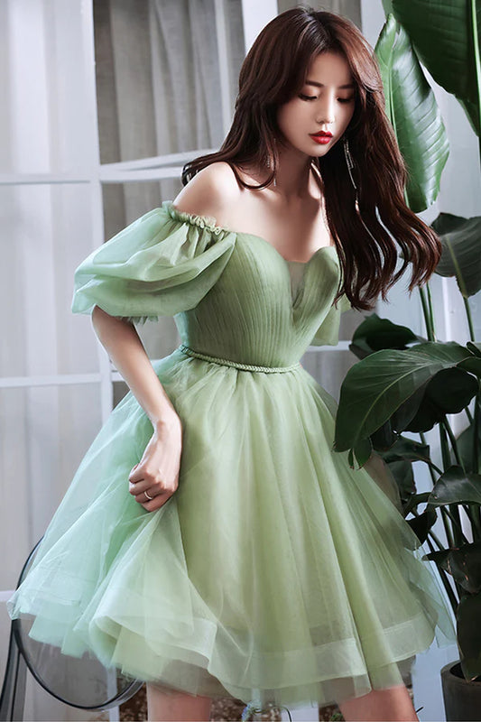 Green Tulle Short A-Line Prom Dress Cute Short Sleeve Evening Party Dress