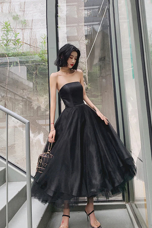 Black Tulle Short Prom Dress Black Strapless Party Homecoming Dress