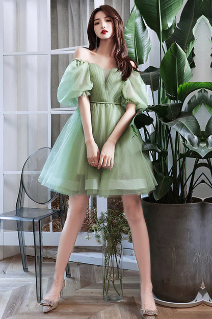 Green Tulle Short A-Line Prom Dress Cute Short Sleeve Evening Party Dress