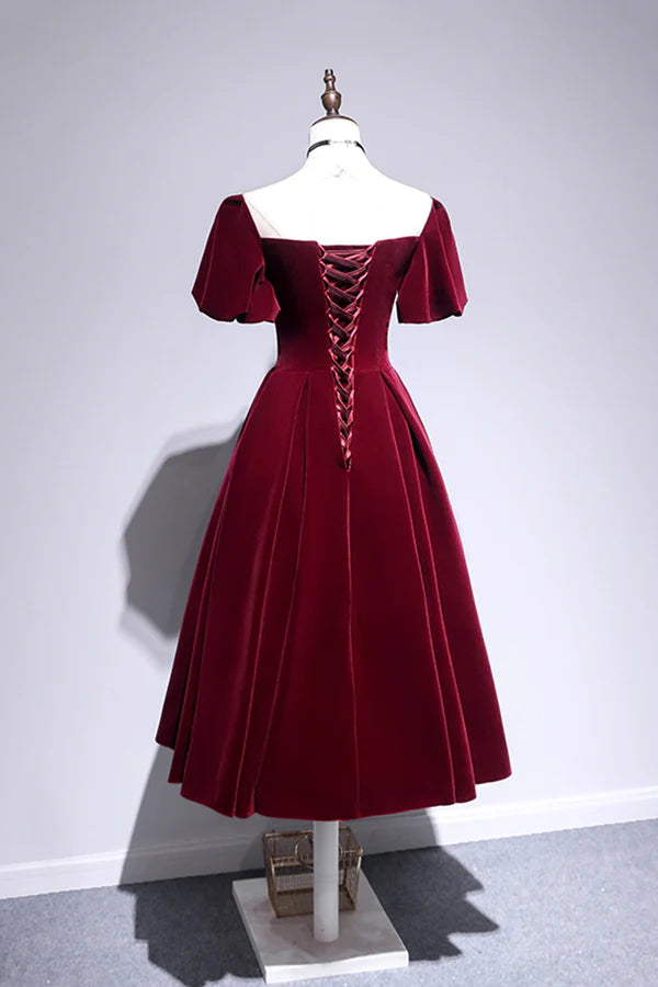 Burgundy Velvet Short Prom Dress Cute A-Line Party Dress