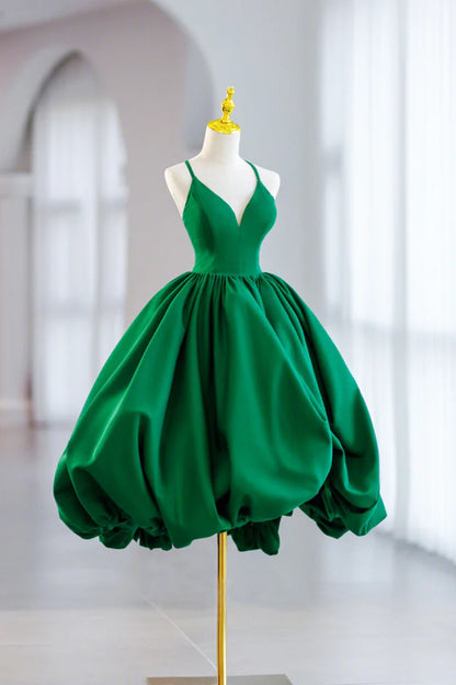 Green Satin Short A-Line Prom Dress Green V-Neck Party Dress