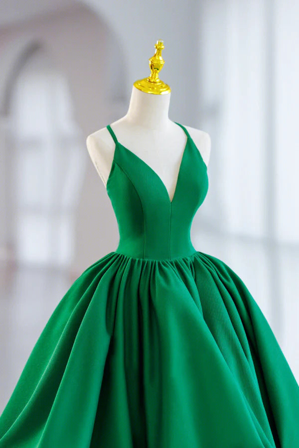 Green Satin Short A-Line Prom Dress Green V-Neck Party Dress