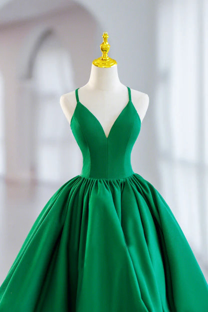 Green Satin Short A-Line Prom Dress Green V-Neck Party Dress