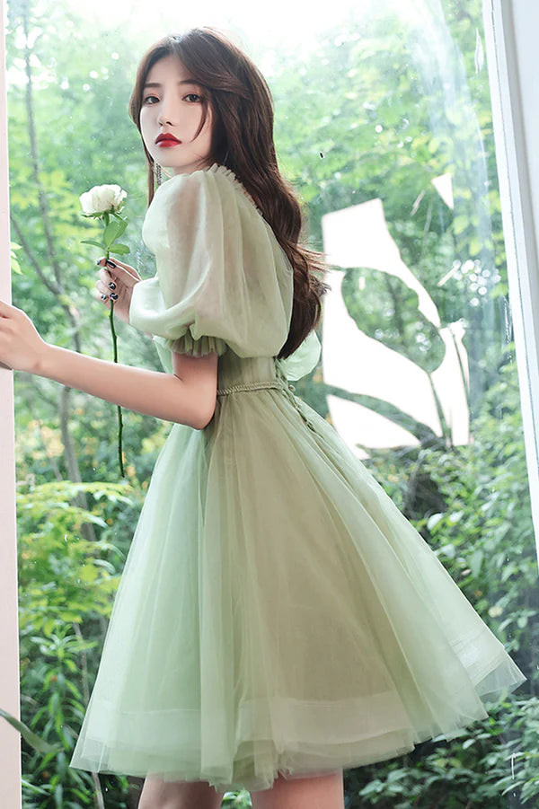 Green Tulle Short A-Line Prom Dress Cute Short Sleeve Evening Party Dress