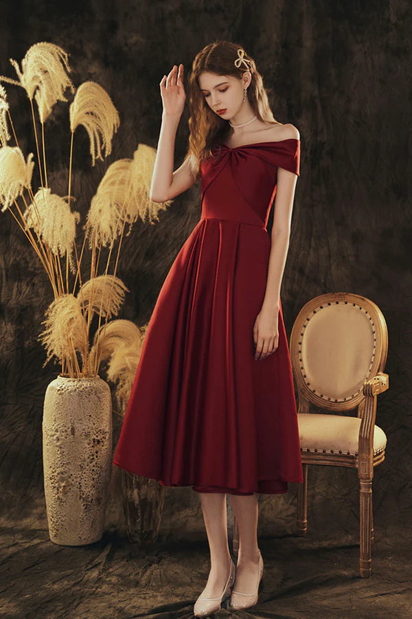 Burgundy Satin Short Prom Dress Cute Off the Shoulder Evening Dress