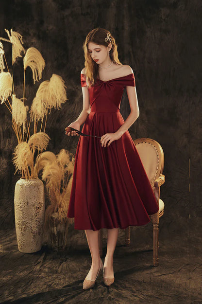 Burgundy Satin Short Prom Dress Cute Off the Shoulder Evening Dress